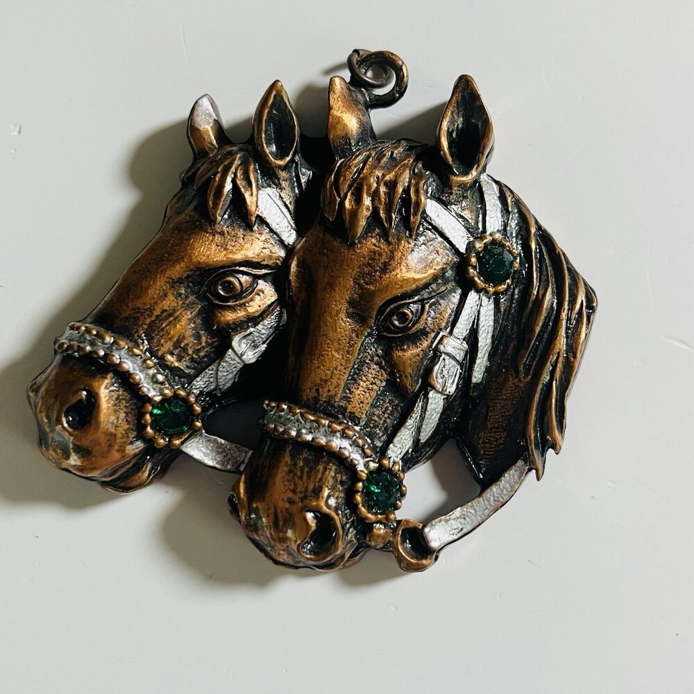 Ginzkey Metal Horse Pendant 2.5” X 3” Green Glass Jewels German Copper Colored